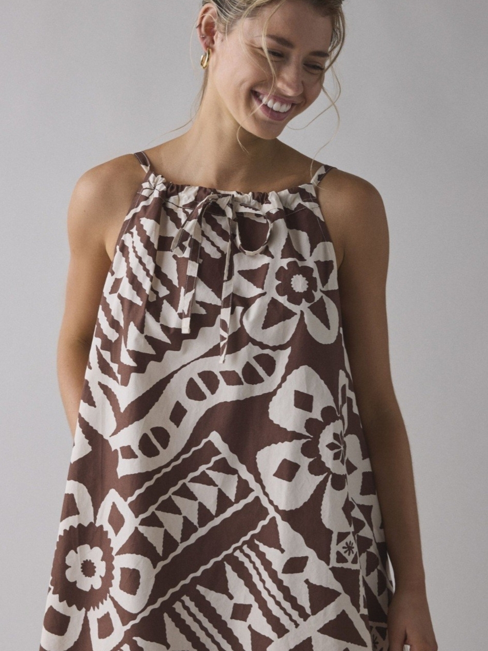 Urban Outfitters NWT BDG Eva Tie-Front Trapeze Mini Dress - Brown/Cream Medium